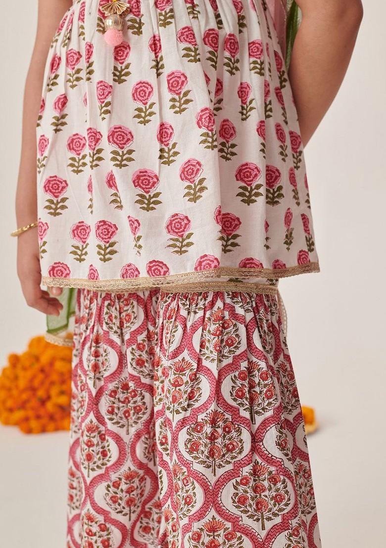 Pink Printed Poly Blend Sharara Set With Dupatta For Girls