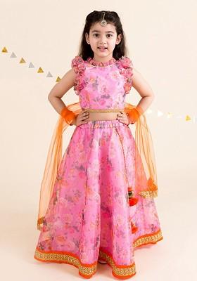 Pink Printed Poly Blend Lehenga Set With Dupatta For Girls