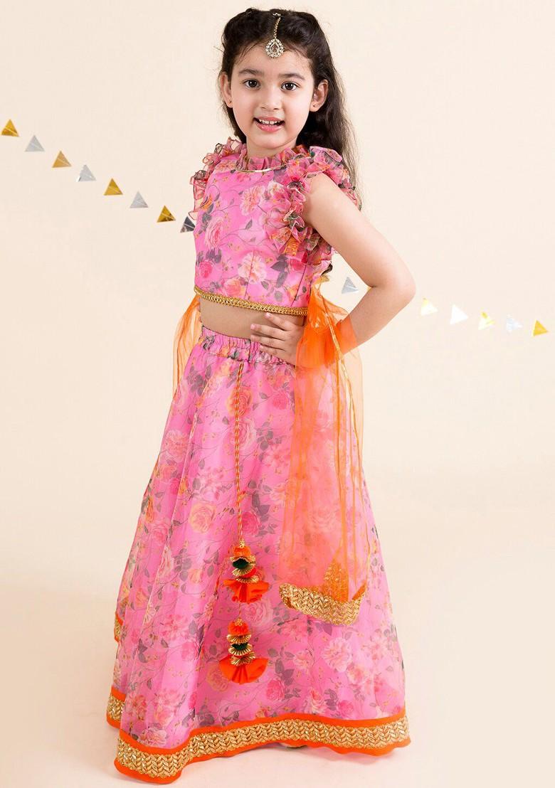 Pink Printed Poly Blend Lehenga Set With Dupatta For Girls