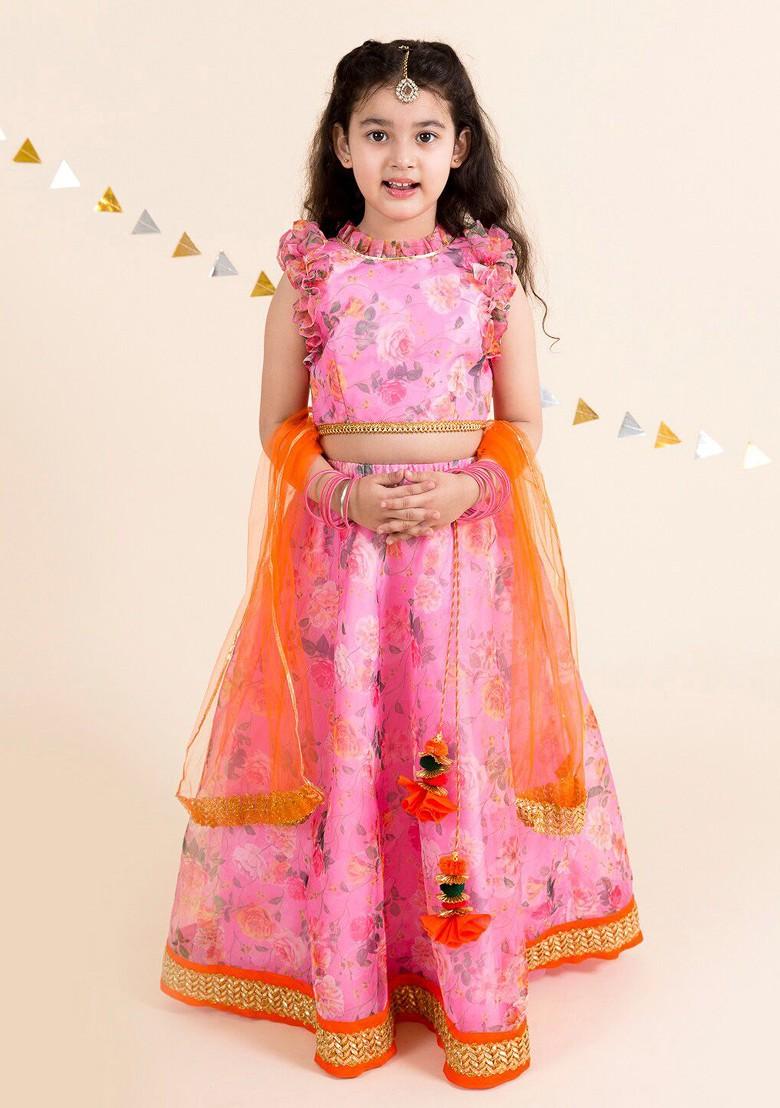 Pink Printed Poly Blend Lehenga Set With Dupatta For Girls