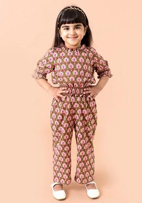 Green Printed Poly Blend Co Ord Set For Girlss