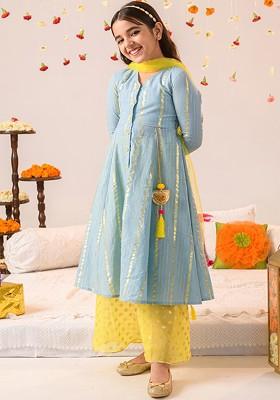 Blue Printed Poly Blend Palazzo Set With Dupatta For Girls