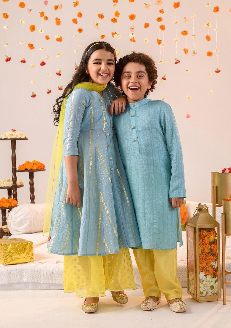 Blue Printed Poly Blend Palazzo Set With Dupatta For Girls