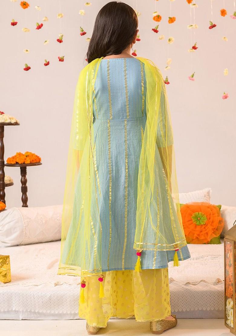 Blue Printed Poly Blend Palazzo Set With Dupatta For Girls