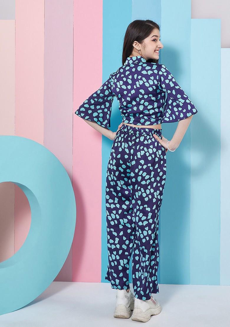 Navy Blue Printed Poly Blend Co Ord Set For Girlss