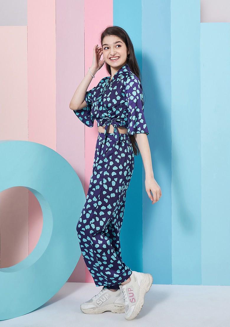 Navy Blue Printed Poly Blend Co Ord Set For Girlss