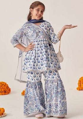 Blue Printed Poly Blend Salwar Kameez With Dupatta For Girls