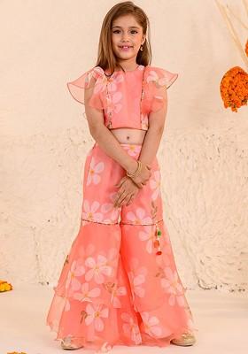 Peach Printed Poly Blend Sharara Set With Dupatta For Girls