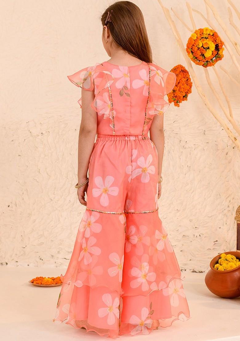 Peach Printed Poly Blend Sharara Set With Dupatta For Girls