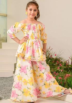 White Printed Poly Blend Palazzo Set With Dupatta For Girls