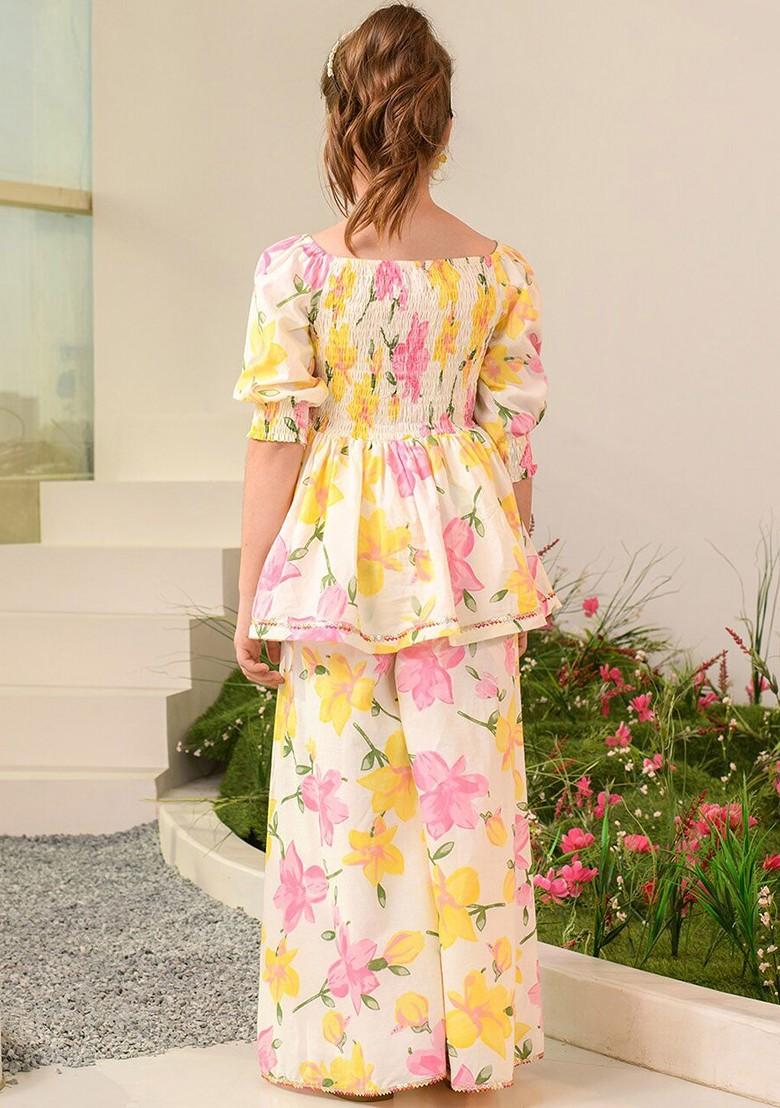 White Printed Poly Blend Palazzo Set With Dupatta For Girls