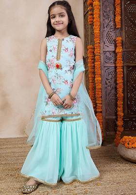 Blue Printed Poly Blend Sharara Set With Dupatta For Girls