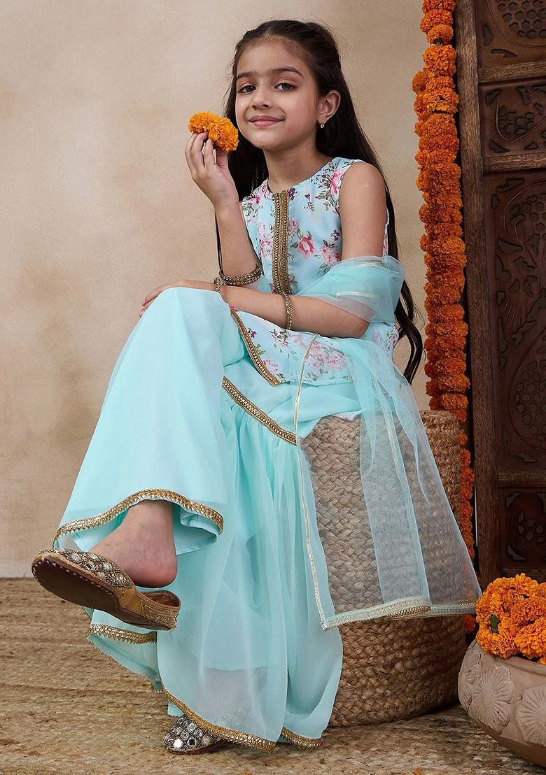 Blue Printed Poly Blend Sharara Set With Dupatta For Girls