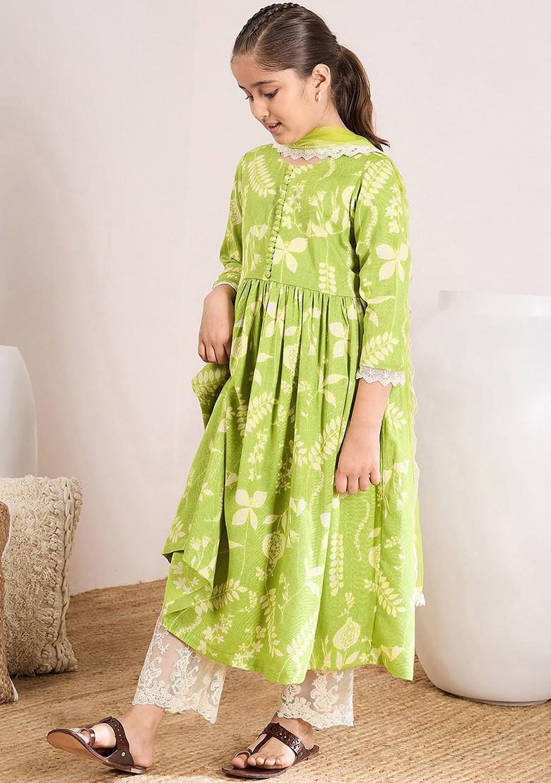Green Printed Poly Blend Salwar Kameez With Dupatta For Girls
