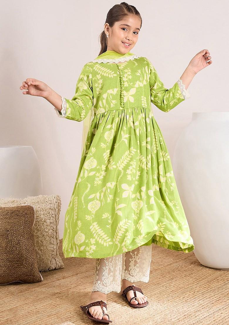 Green Printed Poly Blend Salwar Kameez With Dupatta For Girls