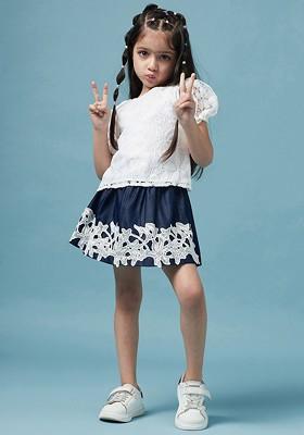 White Embroidered Poly Blend Co Ord Set For Girlss