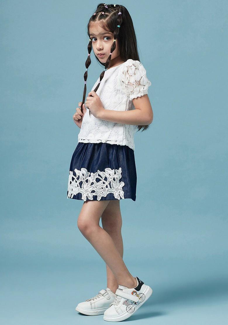 White Embroidered Poly Blend Co Ord Set For Girlss