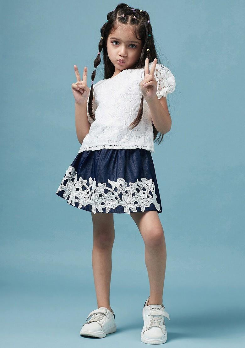 White Embroidered Poly Blend Co Ord Set For Girlss