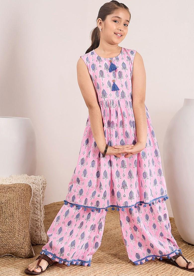 Pink Printed Poly Blend Palazzo Set With Dupatta For Girls