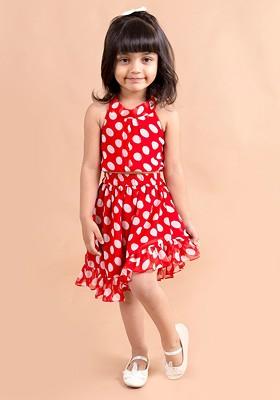 Red Printed Poly Blend Co Ord Set For Girlss