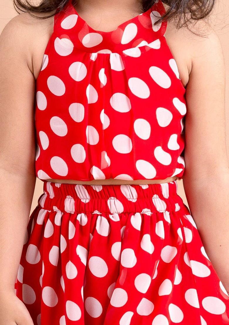 Red Printed Poly Blend Co Ord Set For Girlss