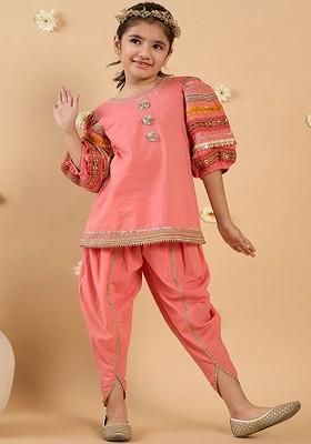 Peach Embroidered Poly Blend Salwar Kameez With Dupatta For Girls