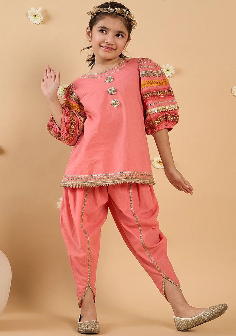 Peach Embroidered Poly Blend Salwar Kameez With Dupatta For Girls