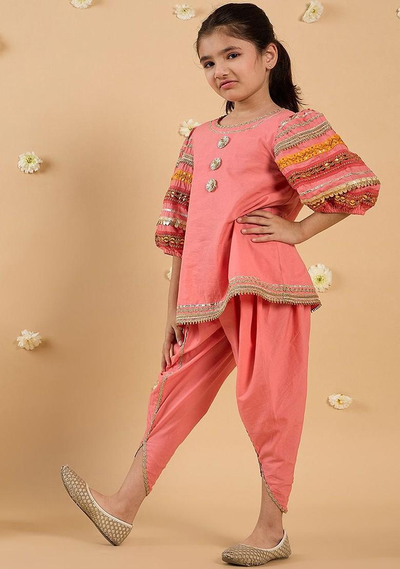 Peach Embroidered Poly Blend Salwar Kameez With Dupatta For Girls
