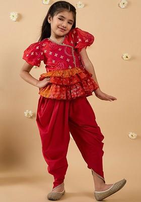 Red Printed Poly Blend Salwar Kameez With Dupatta For Girls