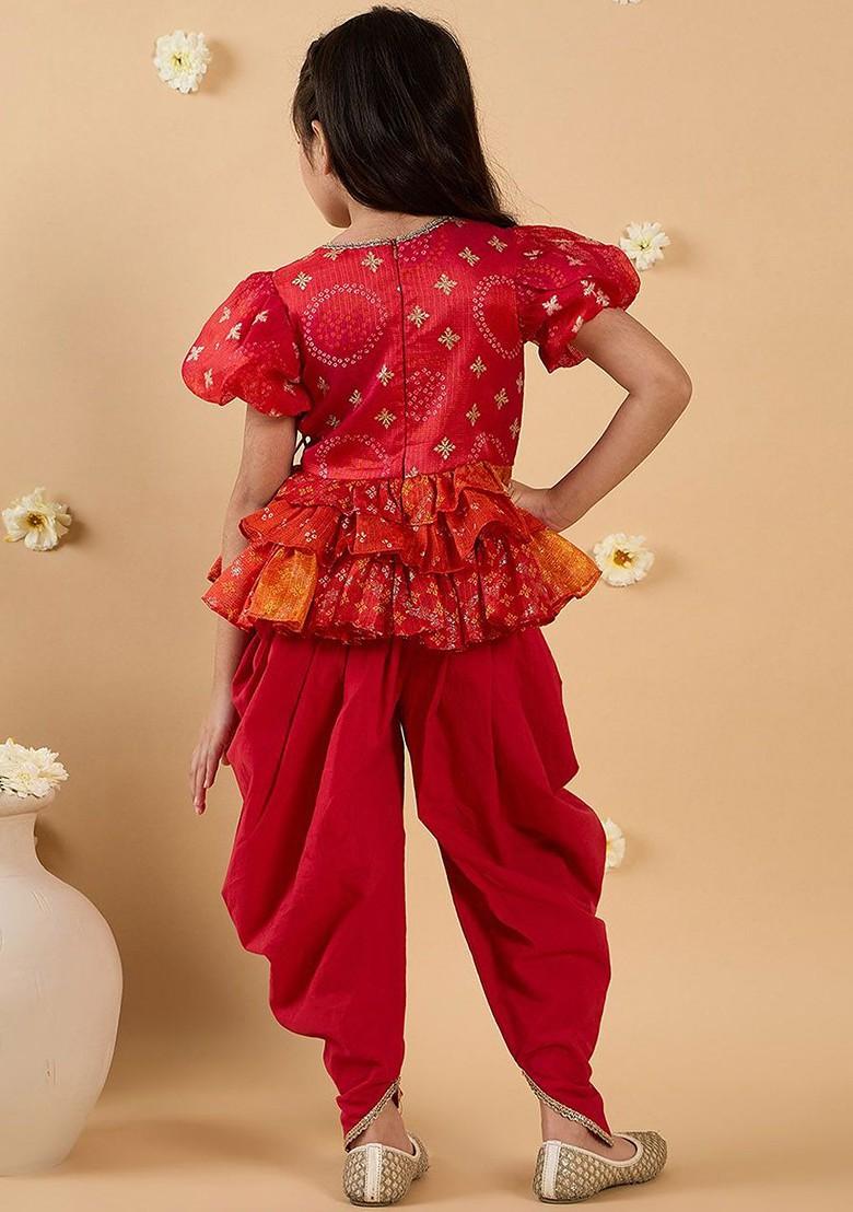 Red Printed Poly Blend Salwar Kameez With Dupatta For Girls