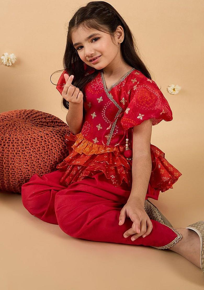 Red Printed Poly Blend Salwar Kameez With Dupatta For Girls