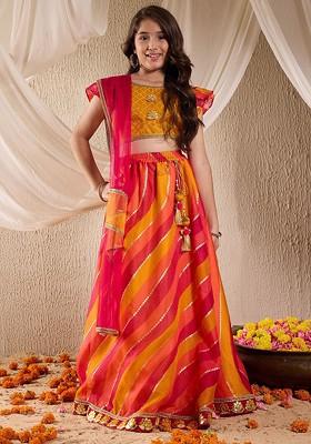 Red Embroidered Poly Blend Lehenga Set With Dupatta For Girls