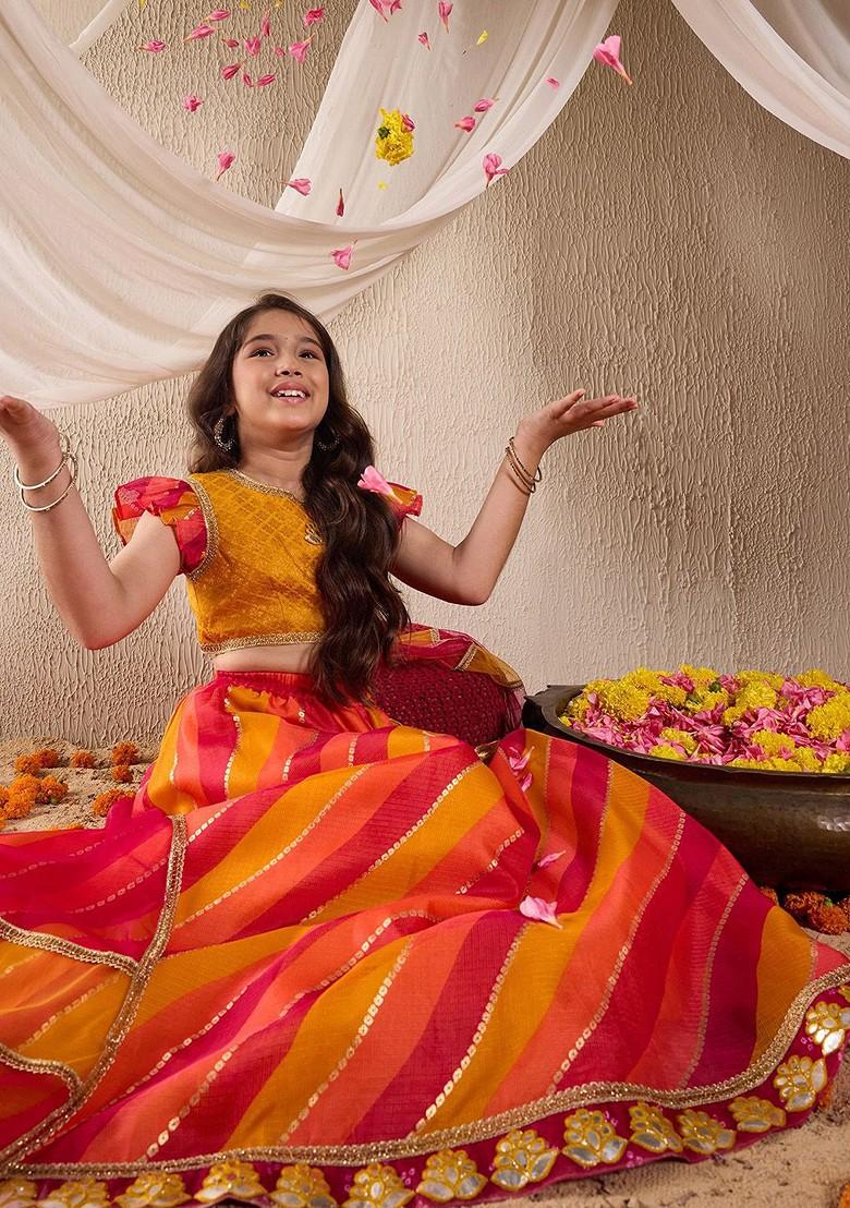 Red Embroidered Poly Blend Lehenga Set With Dupatta For Girls