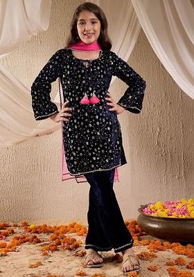 Navy Blue Embroidered Poly Blend Salwar Kameez With Dupatta For Girls