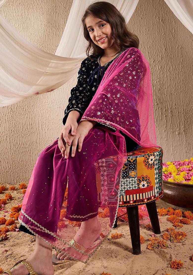 Navy Blue Embroidered Poly Blend Salwar Kameez With Dupatta For Girls