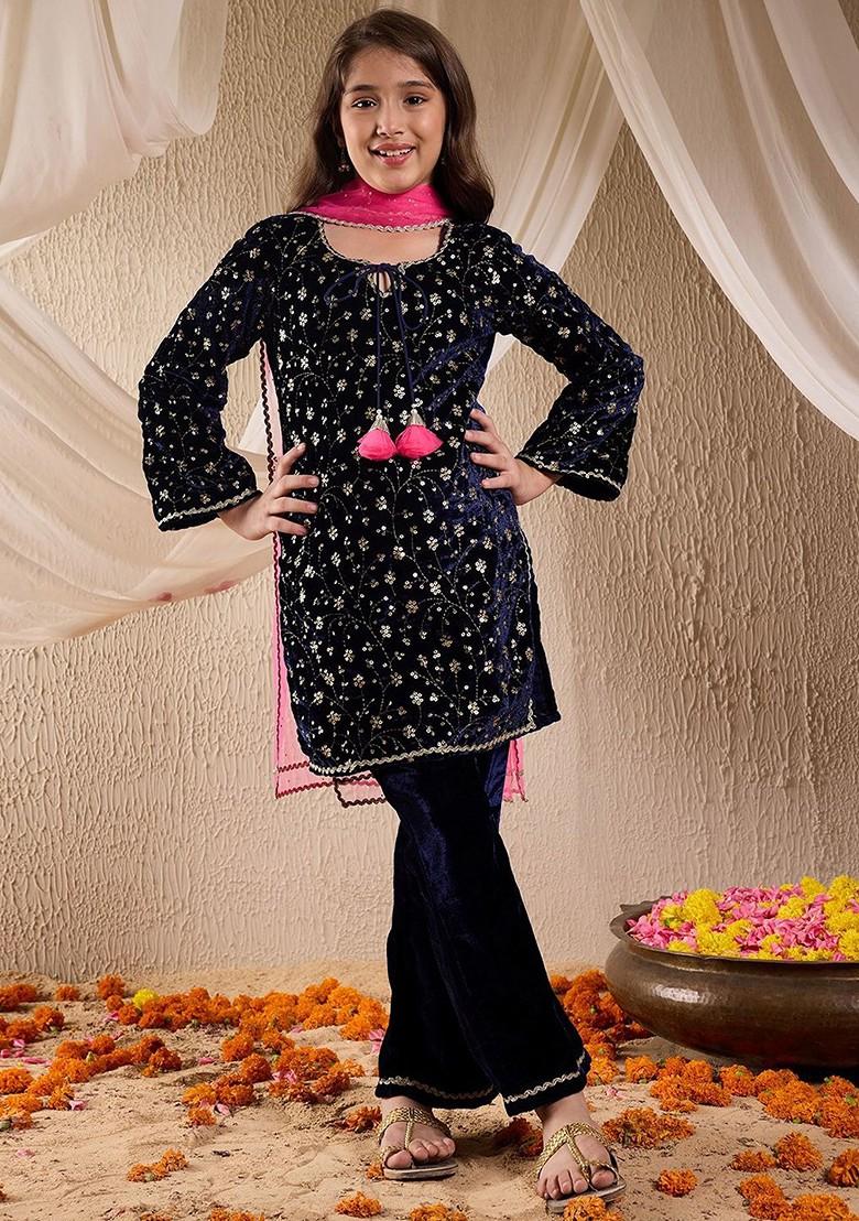 Navy Blue Embroidered Poly Blend Salwar Kameez With Dupatta For Girls