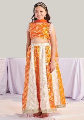 Orange Printed Poly Blend Lehenga Set With Dupatta For Girls