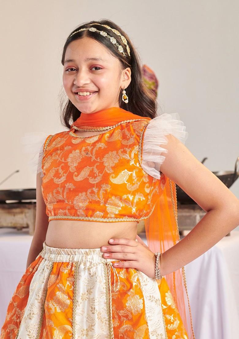 Orange Printed Poly Blend Lehenga Set With Dupatta For Girls