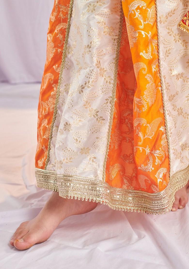 Orange Printed Poly Blend Lehenga Set With Dupatta For Girls