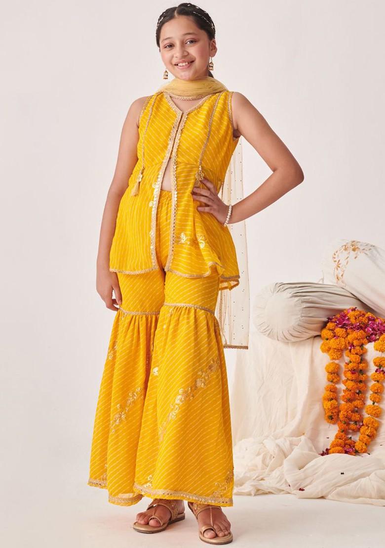 Yellow Embroidered Poly Blend Sharara Set With Dupatta For Girls