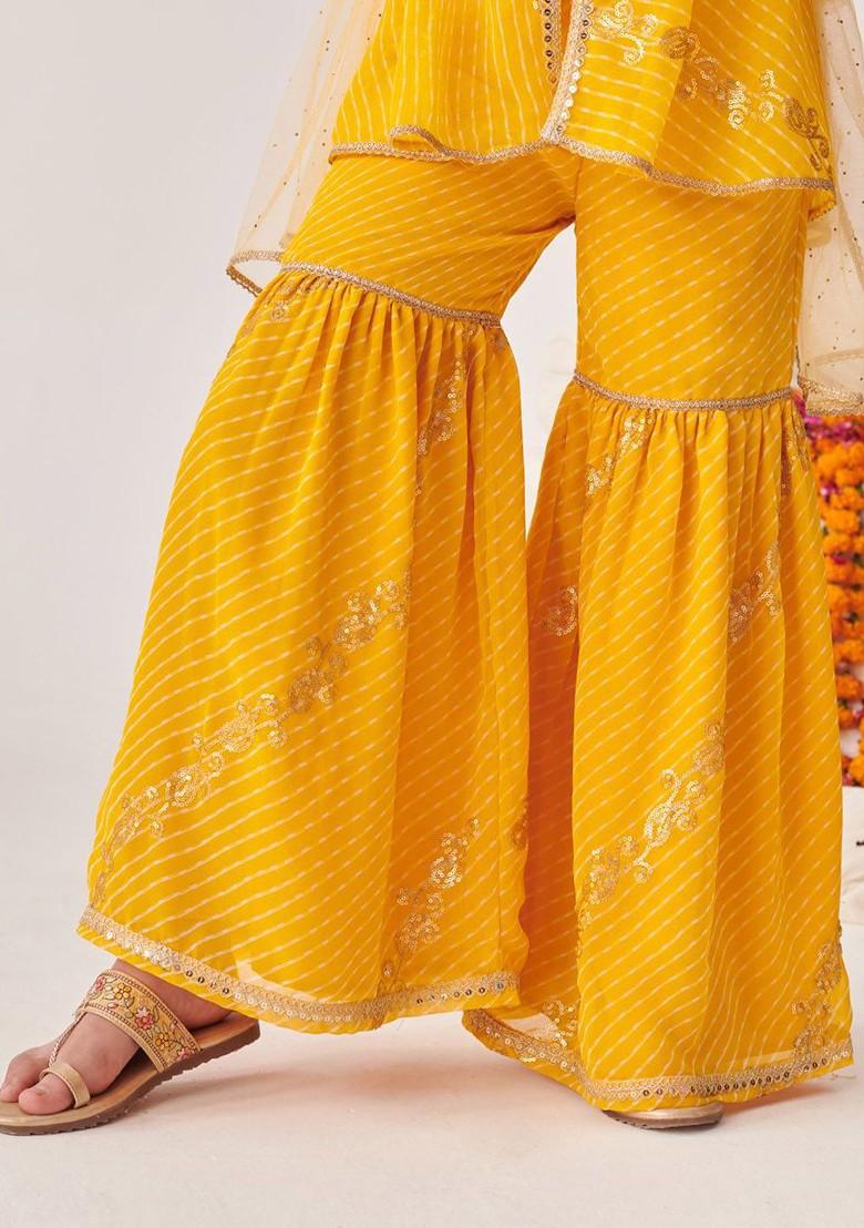 Yellow Embroidered Poly Blend Sharara Set With Dupatta For Girls