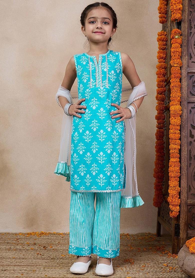 Blue Printed Poly Blend Salwar Kameez With Dupatta For Girls