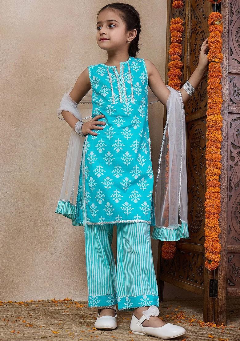 Blue Printed Poly Blend Salwar Kameez With Dupatta For Girls