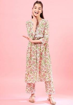 Off White Embroidered Poly Blend Salwar Kameez With Dupatta For Girls