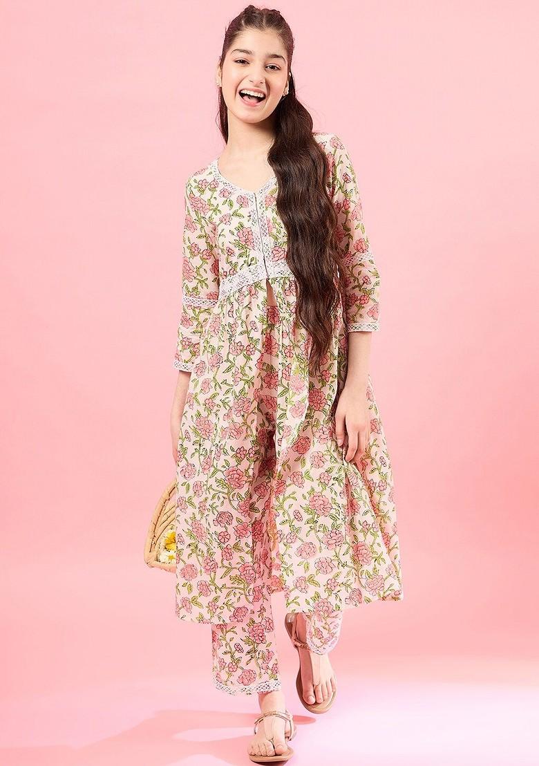 Off White Embroidered Poly Blend Salwar Kameez With Dupatta For Girls