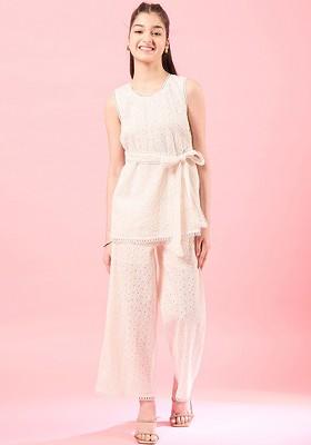 White Embroidered Poly Blend Co Ord Set For Girlss