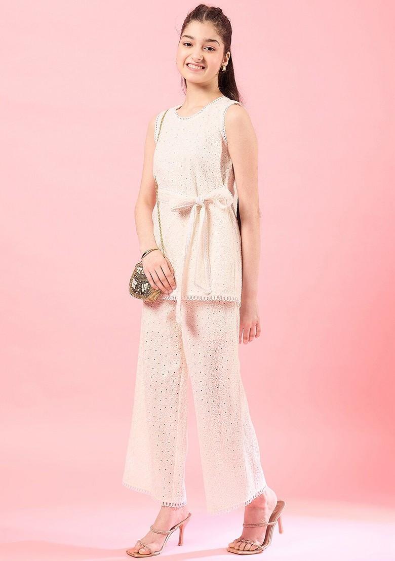 White Embroidered Poly Blend Co Ord Set For Girlss