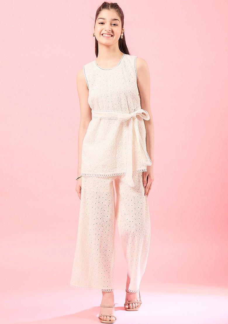 White Embroidered Poly Blend Co Ord Set For Girlss