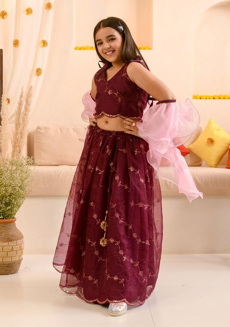 Burgundy Embroidered Poly Blend Lehenga Set With Dupatta For Girls