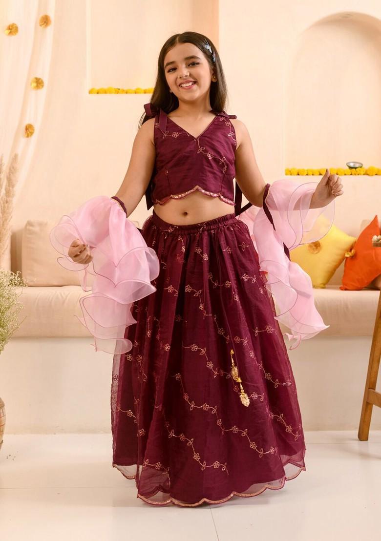 Burgundy Embroidered Poly Blend Lehenga Set With Dupatta For Girls
